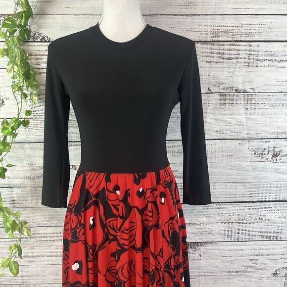 Kamalikulture Dress sz Small Black Red Floral Stretch Knee Modest Career Church - Picture 4 of 16